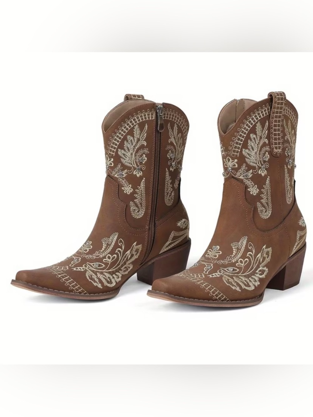 WESTERN Brown Embroidered Ankle Boots with Side Zip